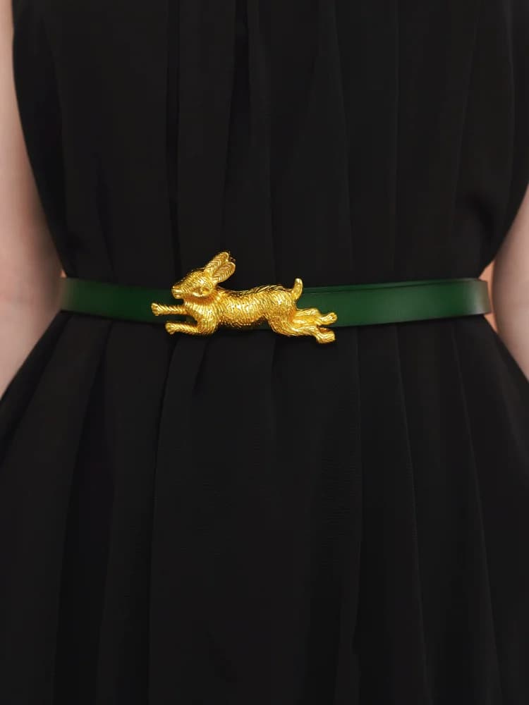 Women's genuine leather belt with free placement with detachable racing bunny buckle