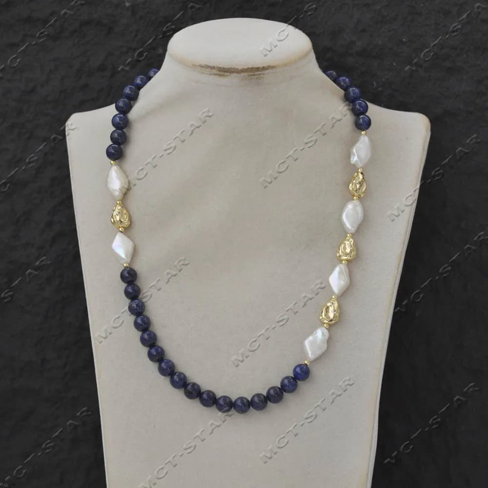 MCT·STAR 21 '' 17mm Moneta romboidale bianca Perla Blu Rotondo Lapislazzuli Dissimmetria Collana Gioielli personalizzati (Z13639 )