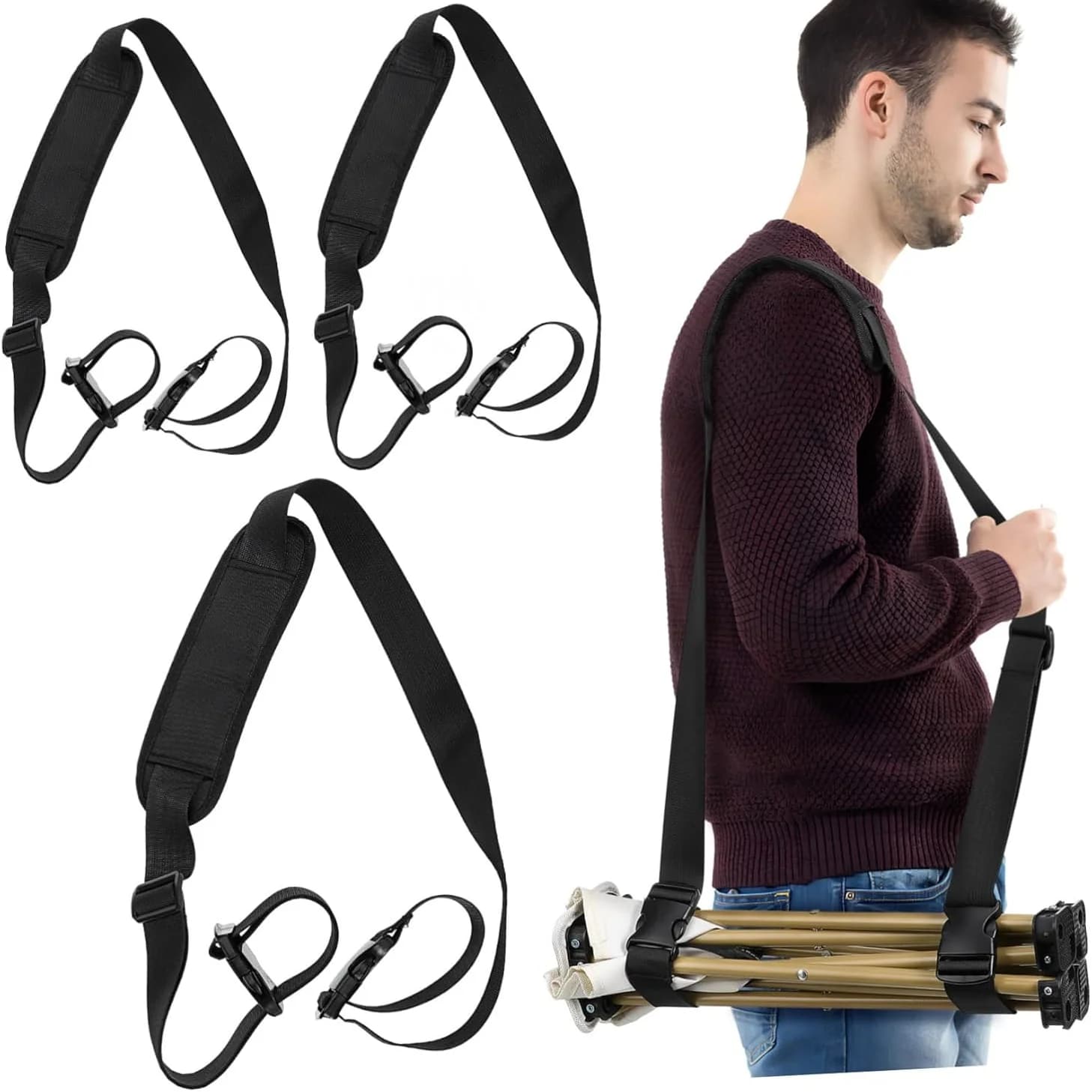 Set di 3 Cinghie Resistenti per Sdraio da Spiaggia, Tracolla Regolabile per Tappetino Yoga e Sedia Pieghevole, Cinghia Resistente per Trasporto Scooter
