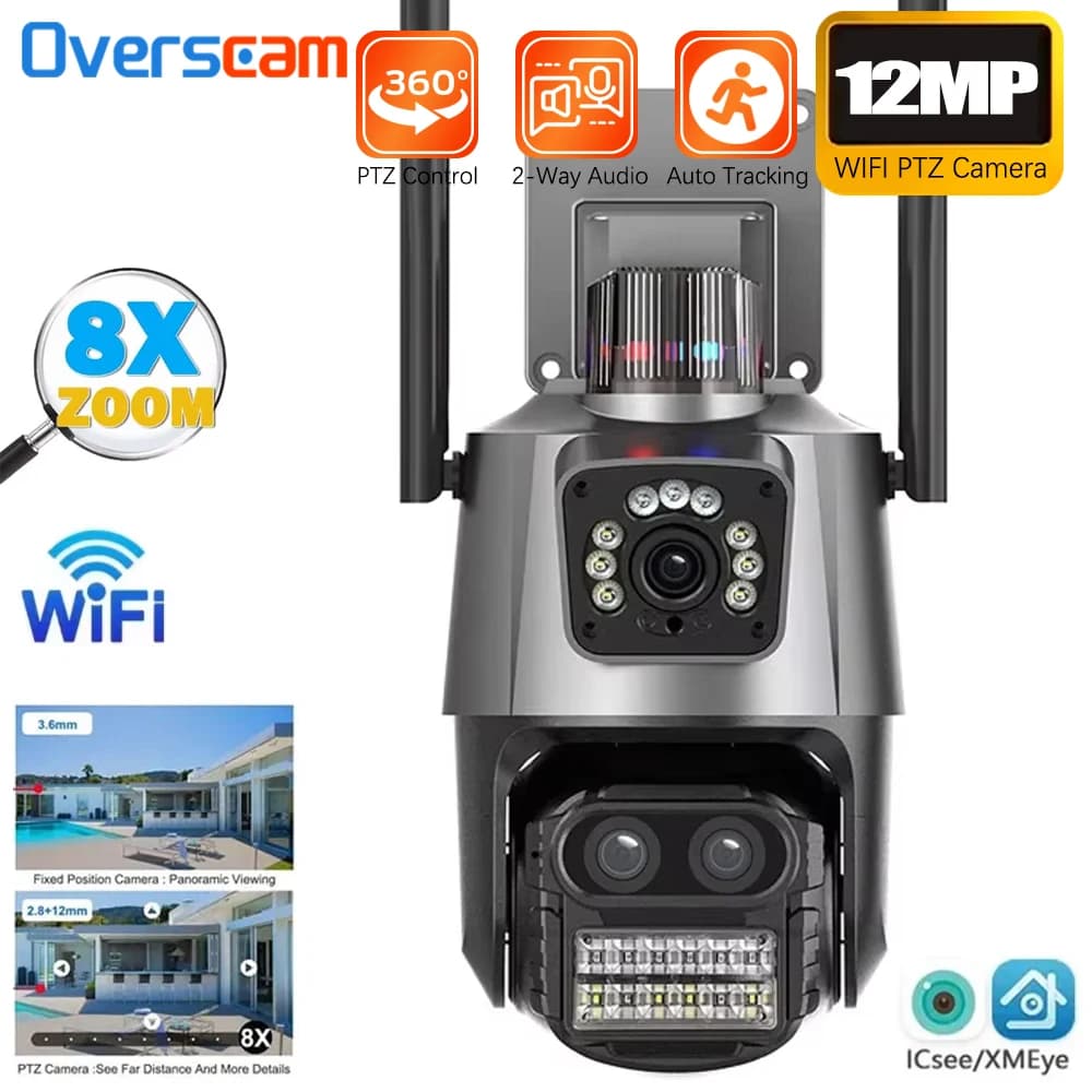 Telecamera IP WiFi 12MP 6K Esterna Tre Obiettivi Doppio Schermi 8X PTZ Zoom Video Tracciamento Automatico Protezione di Sicurezza Sorveglianza Onvif ICSEE