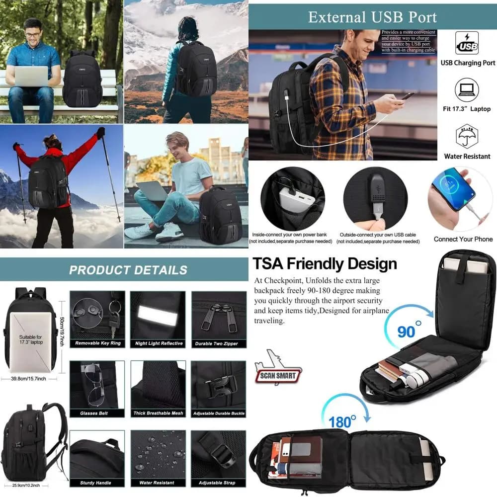 Waterproof 50L Men's Backpack with USB Port, TSA Compatible for Travel and Work, Laptop 17.3 Department, Large Capacity