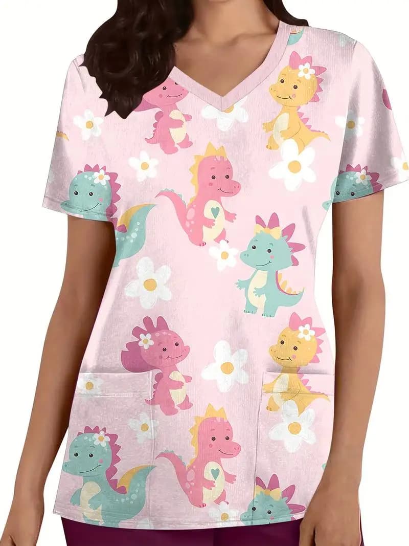 Uniformi chirurgiche Donna Dinosauro Cartoon Stampa Assistenza sanitaria Infermiera Top Scollo a V Micro-Stretch Manica corta Uniforme clinica Donna