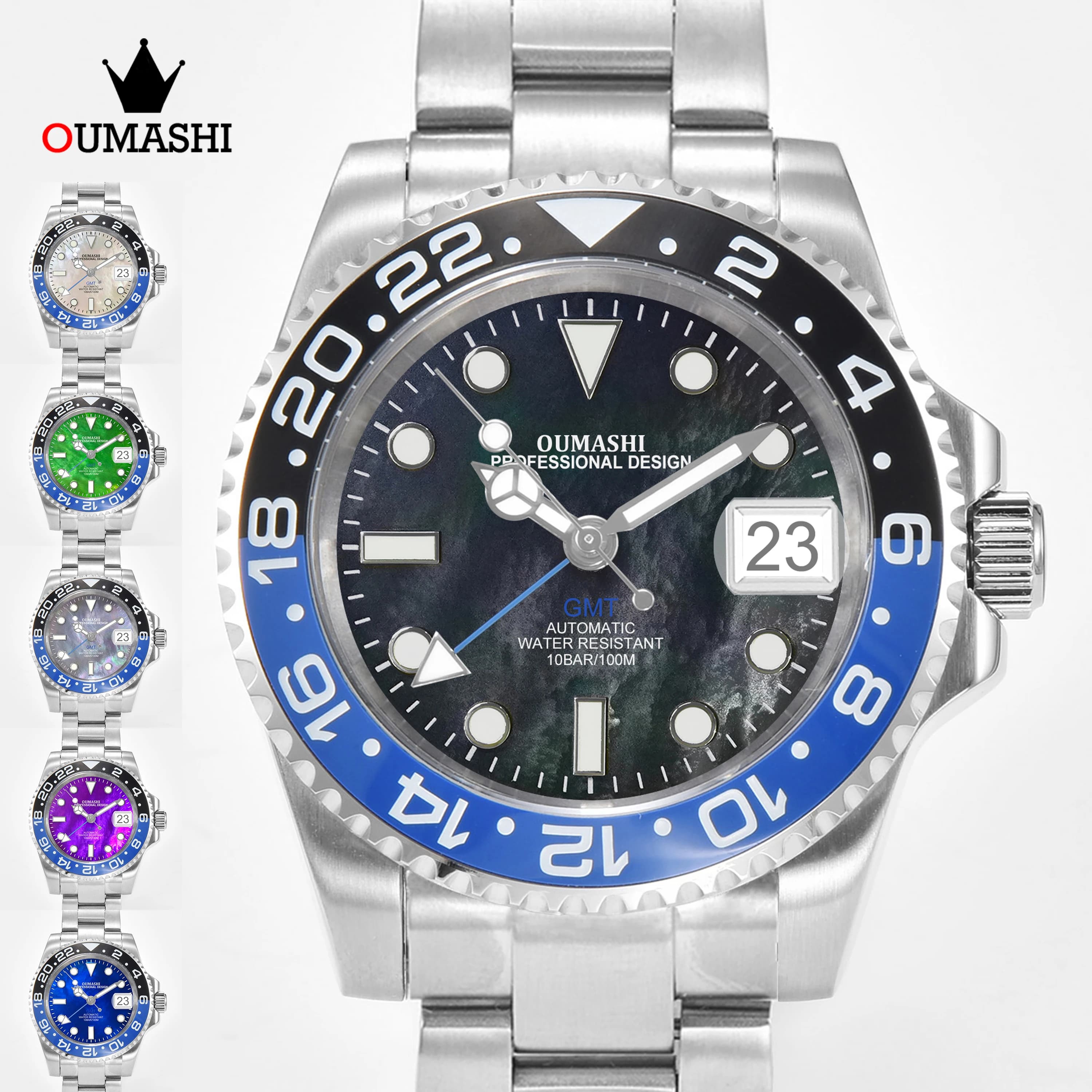 OUMASHI Original Mother of Pearl 40MM Men’s Japanese NH34 GMT Automatic Mechanical Watch Stainless Steel 100M Dive Watch