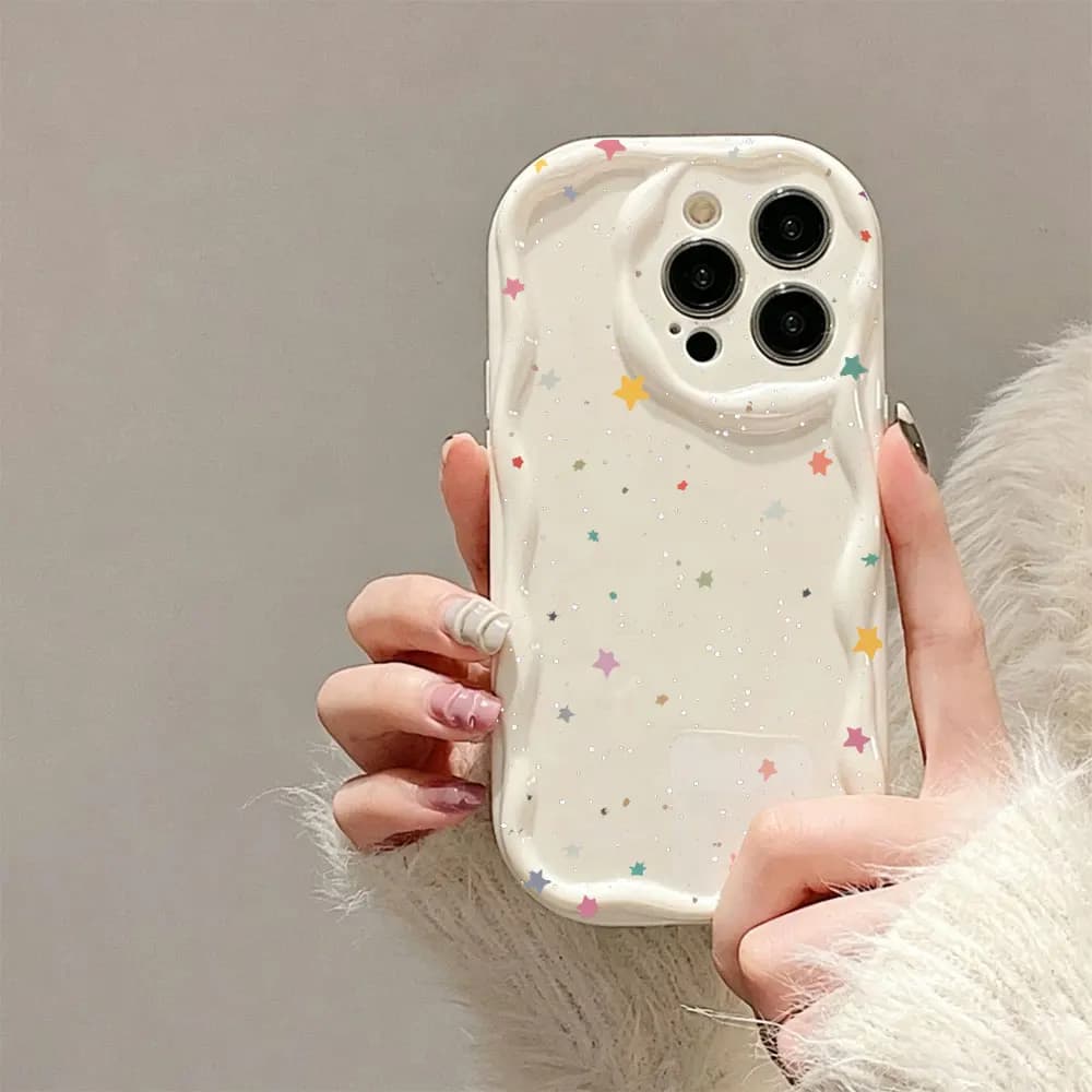 Per iPhone 17 16 15 14 13 12 11 Pro Mini XS Max X 7 8 Plus Air 16e 17e SE 2020 2022 Cover Posteriore Morbida con Motivo a Stelle e Bordo Ondulato Crema