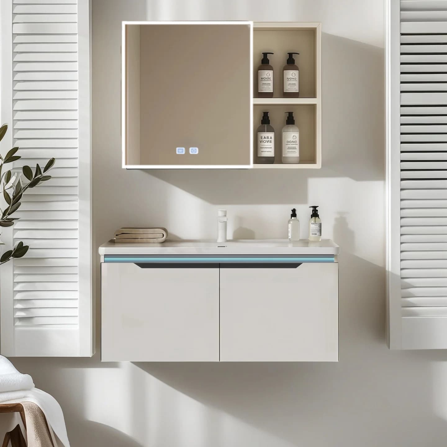 Set di Specchio e Mobile da Bagno in Alluminio Galleggiante Moderno di Lusso a Basso Prezzo, Impermeabile, Montato a Parete, con Chiusura Morbida ed Ecologico