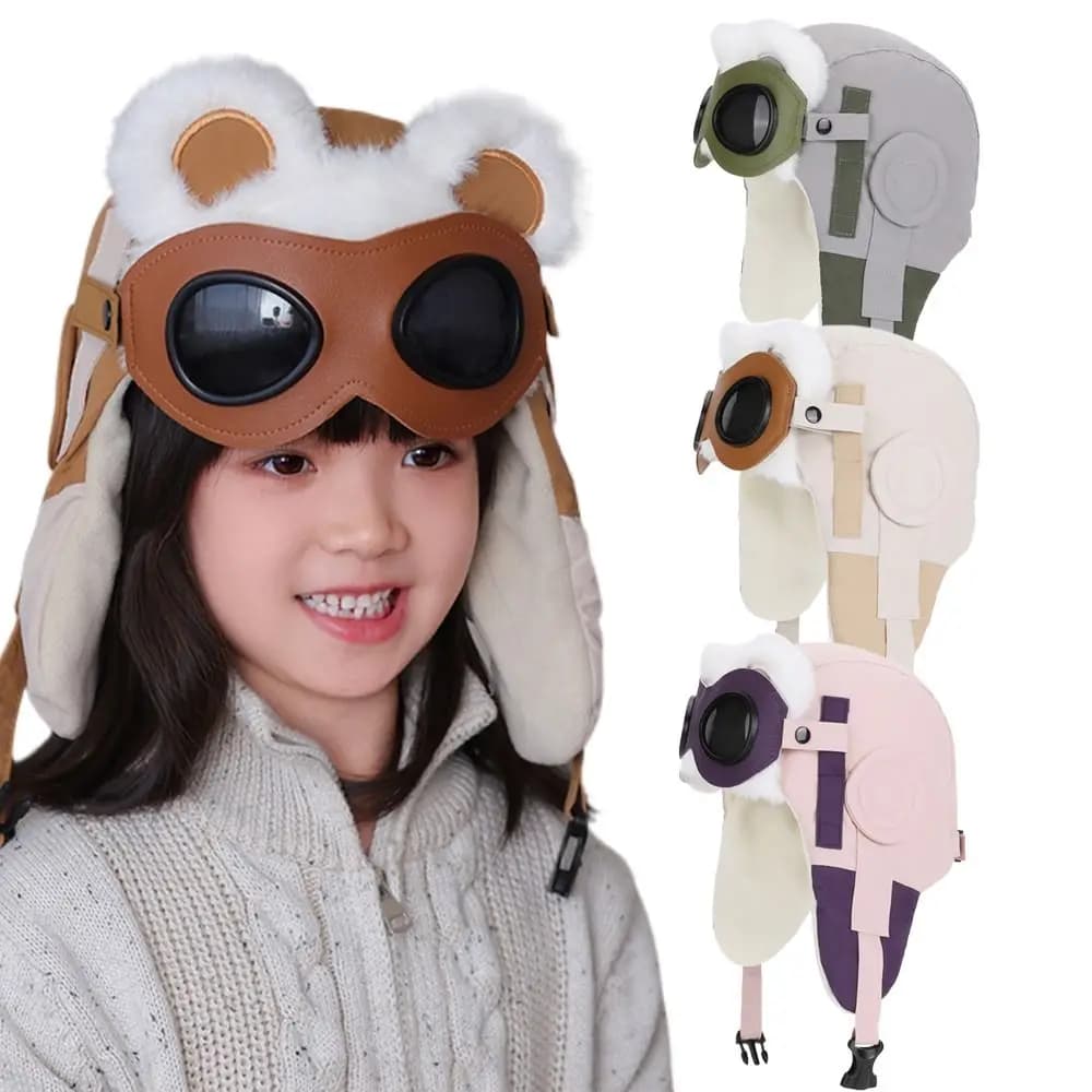 Cappello da Sci Invernale per Bambini con Occhiali Integrati, Antivento, Foderato in Pile, Caldo Cappello Pull-Over per Ragazzi e Ragazze