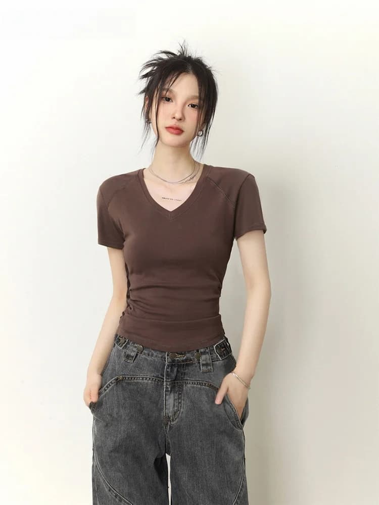 Slim Fit V-Neck Short Sleeve T-Shirt Women's Spring Summer Pure Color Gathered Waist Casual Top Commute Style Bottoming Shirt