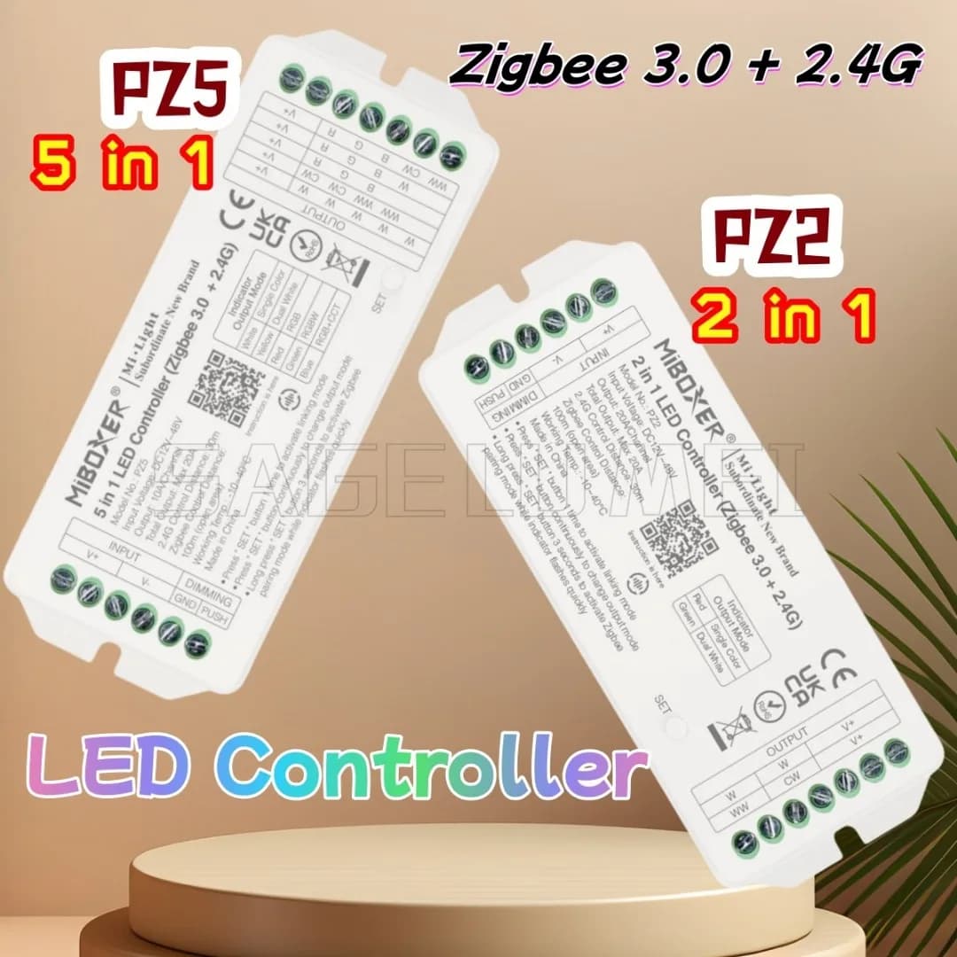 Controller LED RF 2IN1-PZ2/ 5IN1-PZ5 Miboxer DC12~48V Max 20A Zigbee3.0+2.4G per striscia LED a singolo/doppio colore/RGB/RGBW/RGB+CCT