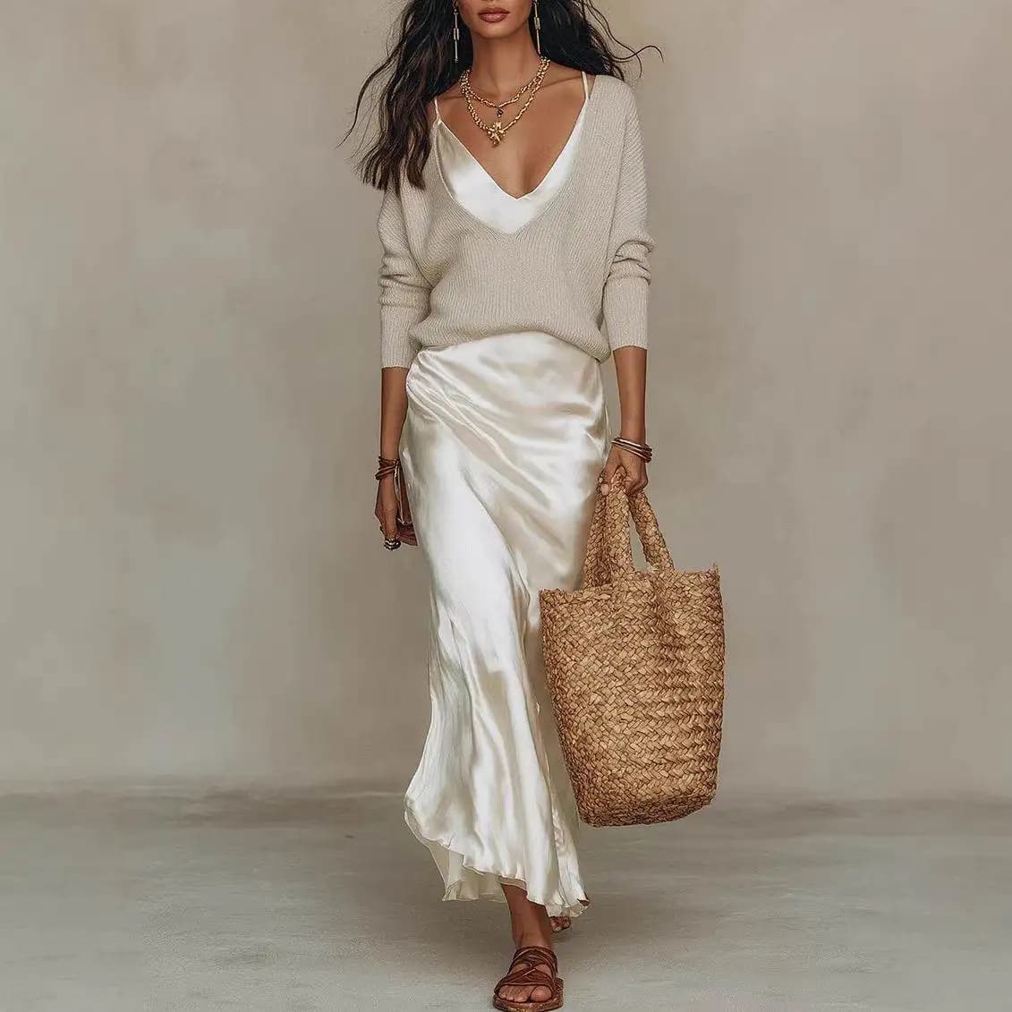 Fashionable Satin Dress Commute 2-Piece Set Women's Clothing Spring Season Casual Style Long Sleeve T-Shirt Versatile Audience