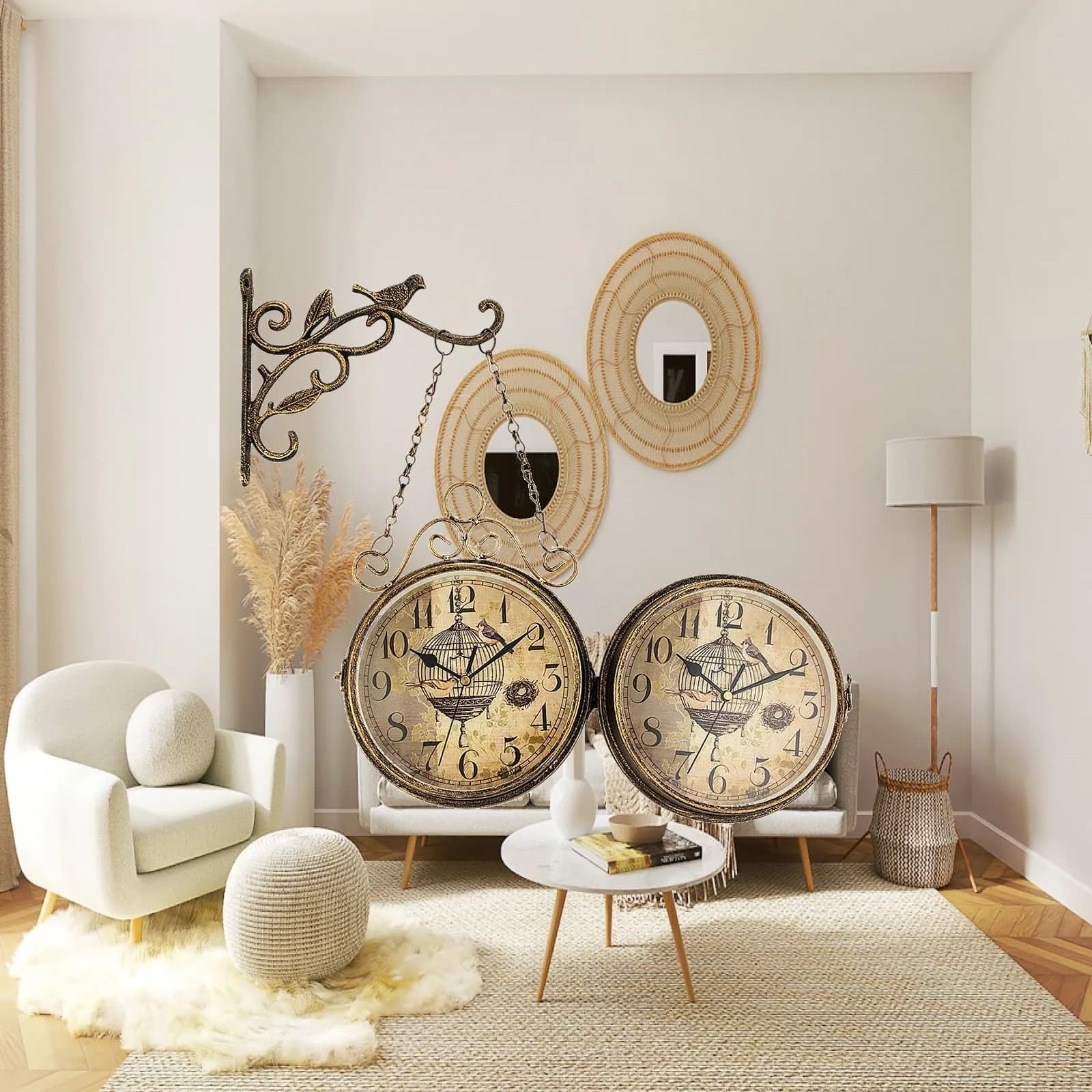 Decorative European Double-Sided Wall Clock Station for Living Room Decor