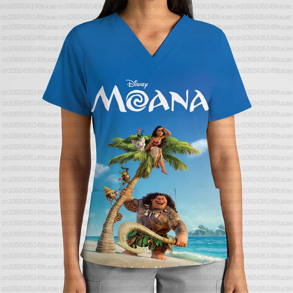 2025 Uniforme da lavoro da donna Disney Cartoon Moana Stampato con scollo a V Tasca Scrub Top Infermiera Cura Uniforme clinica T-shirt estiva