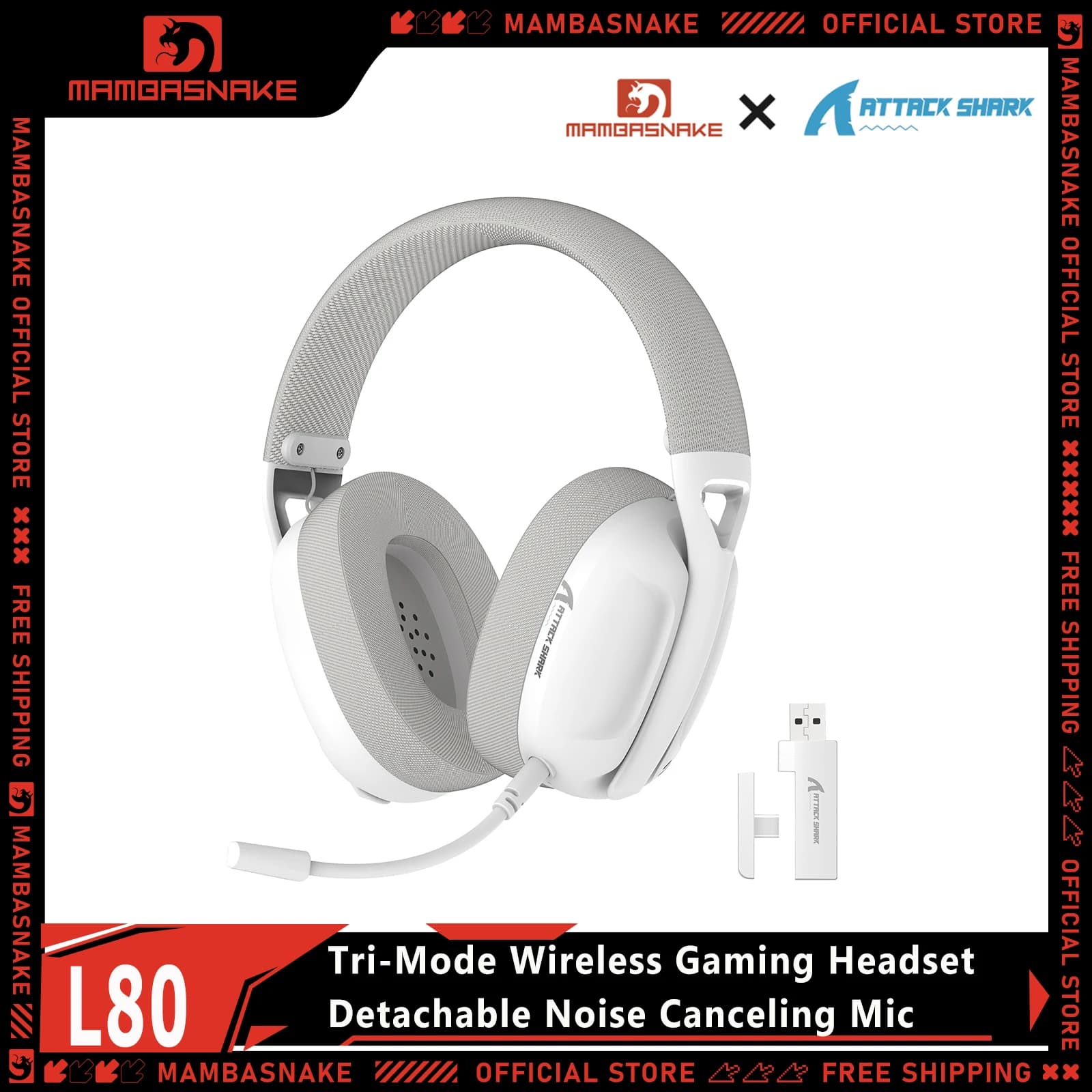 ATTACK SHARK L80 Cuffie da Gaming Ultra-Leggere Tri-Mode con Driver da 40mm, 50 Ore di Autonomia, Microfono Rimovibile con Cancellazione del Rumore