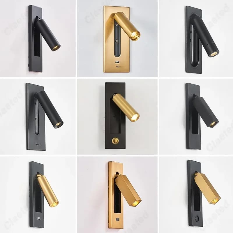 LED Embedded Adjustable Angle Wall Lamp USB Charging Port Bedroom Bedside Reading Wall Lamp Indoor Decorative Lighting Fixture