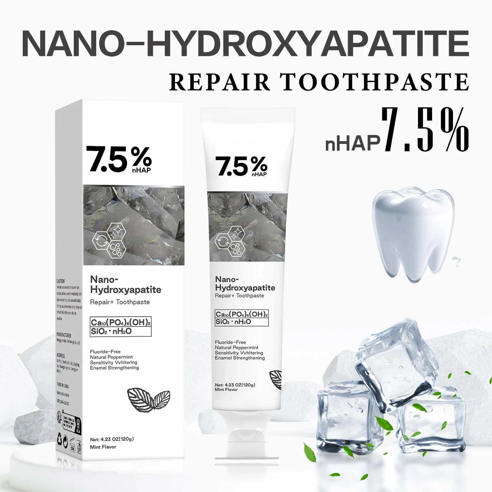 Dentifricio all'idrossiapatite nano per rimuovere le macchie di caffè e tè, migliorare l'alito cattivo, prevenire le carie e sbiancare i denti.