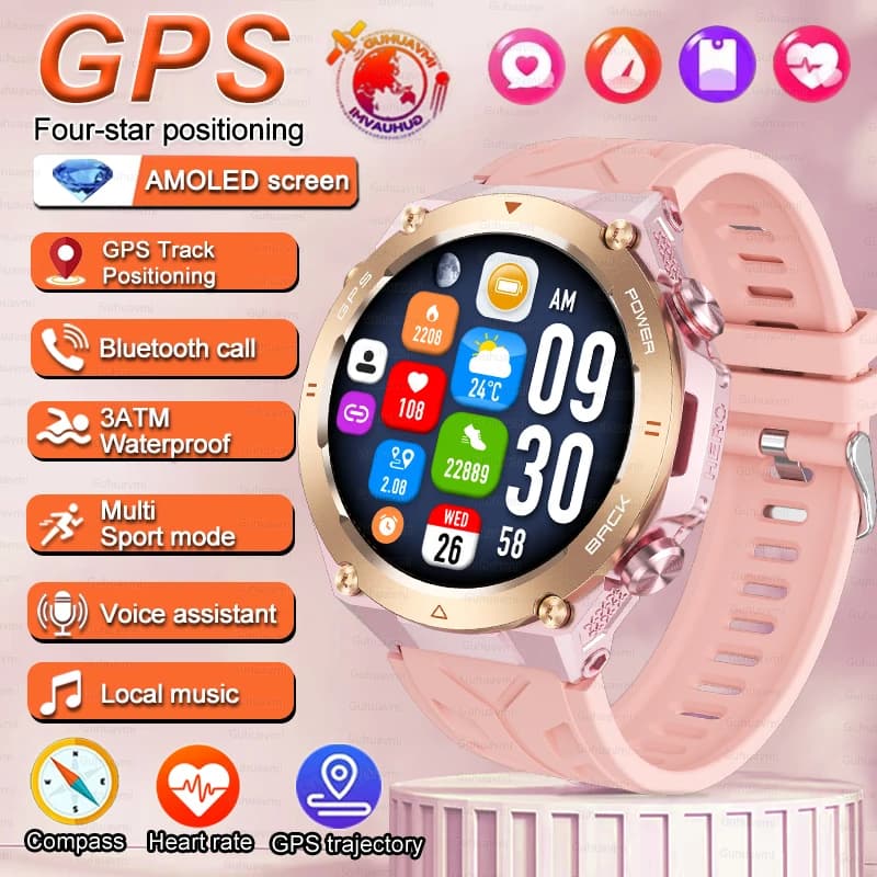 GPS Smart Watch Exercise and fitness Call Outdoor Tracking Waterproof Watch Compass Health Monitor Smartwatch Men Women pink
