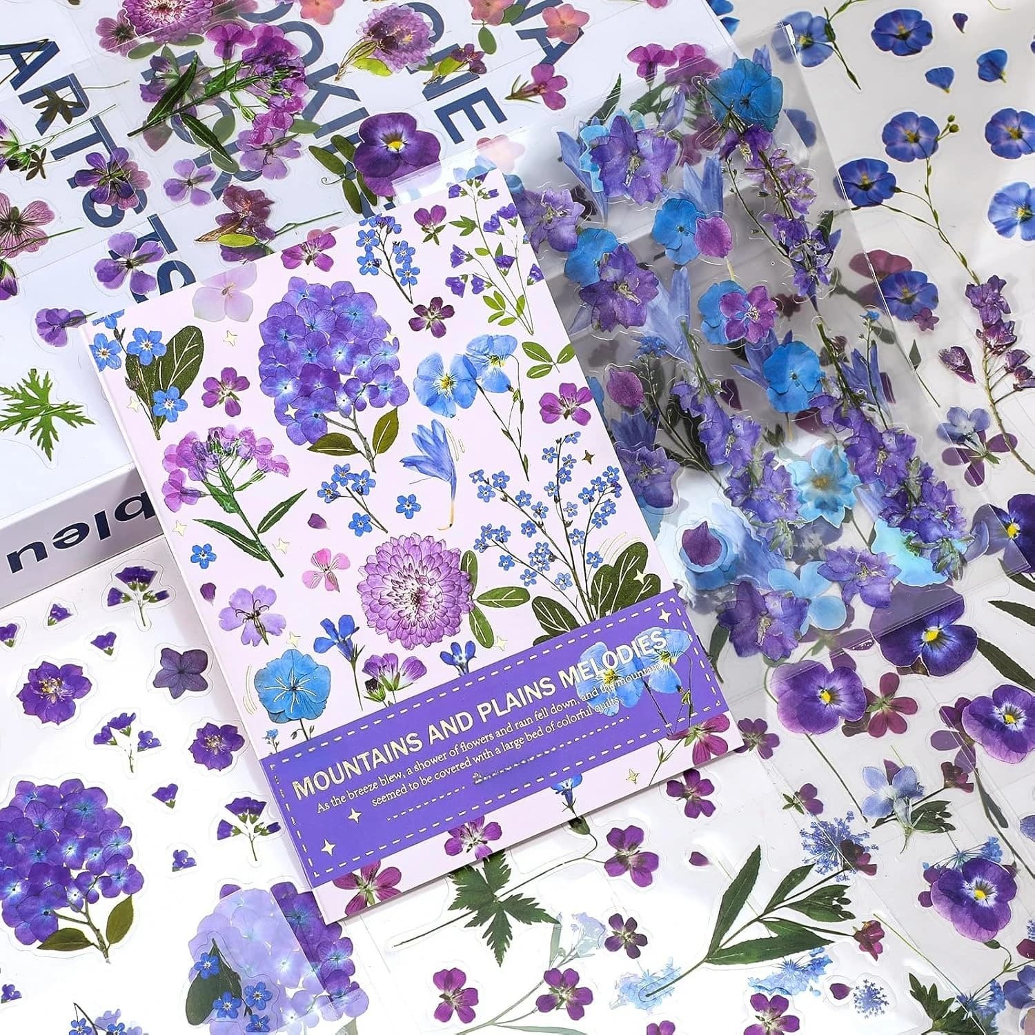 400Pcs Plants Floral Stickers for Scrapbooking Scrapbook Stickers Kit Vintage Purple Flowers Transparent Waterproof Labels Book