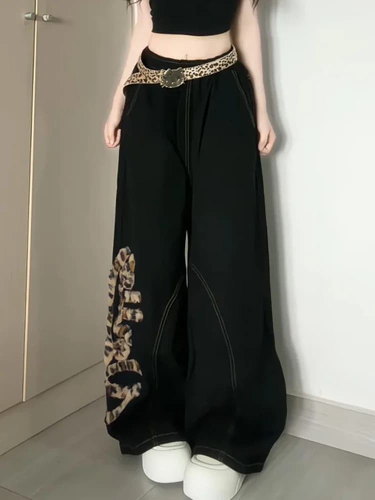 Retro American Spicy Girl Design Leopard Print Patchwork Skinny Jeans Summer Thin Wide Leg Loose Floor-Length Pants