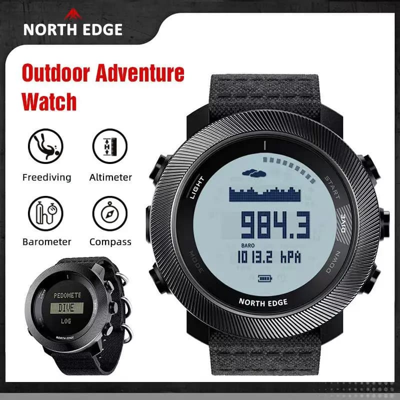 NORTH EDGE Digital Electronic Watch Men 100M Waterproof Carbon Fiber Case Nylon Strap Outdoor Sports Wristwatch Barometer Displa
