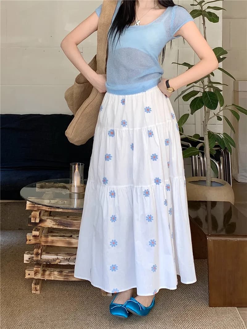 Gonna a vita alta a trapezio da donna, nuovo stile estivo, moda coreana, ricamata, snellente, a mezza lunghezza, traspirante e delicata sulla pelle
