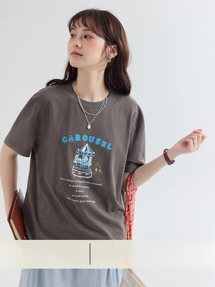 AMUU Original T-Shirt Women's Summer New Rodeo Print Pattern Loose Fit round Neck Short Sleeve Lenzing Eco-Viscose Cotton Blend