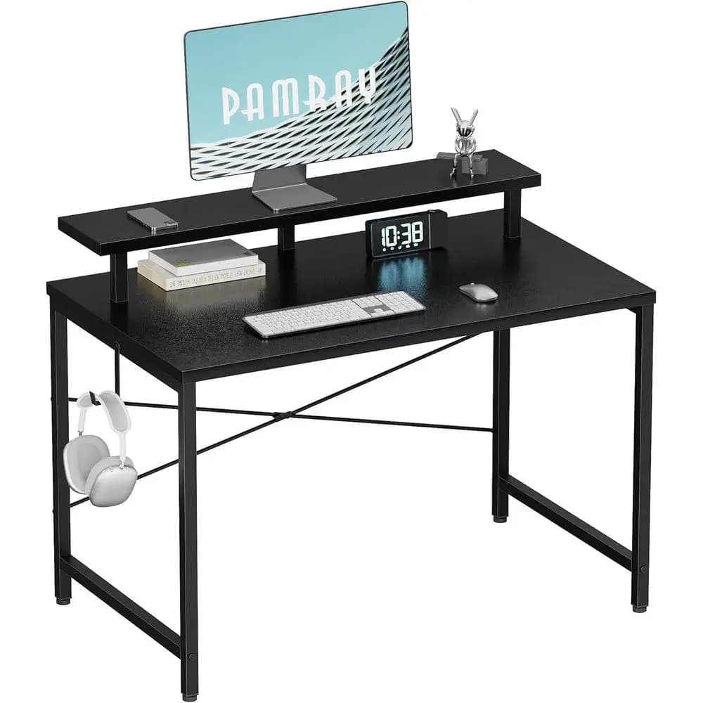 Scrivania per Computer da 32 Pollici con Supporto per Monitor, Semplice Scrivania da Ufficio con Gancio o per Piccoli Spazi, Tavolo da Studio per Bambini o Camera da Letto