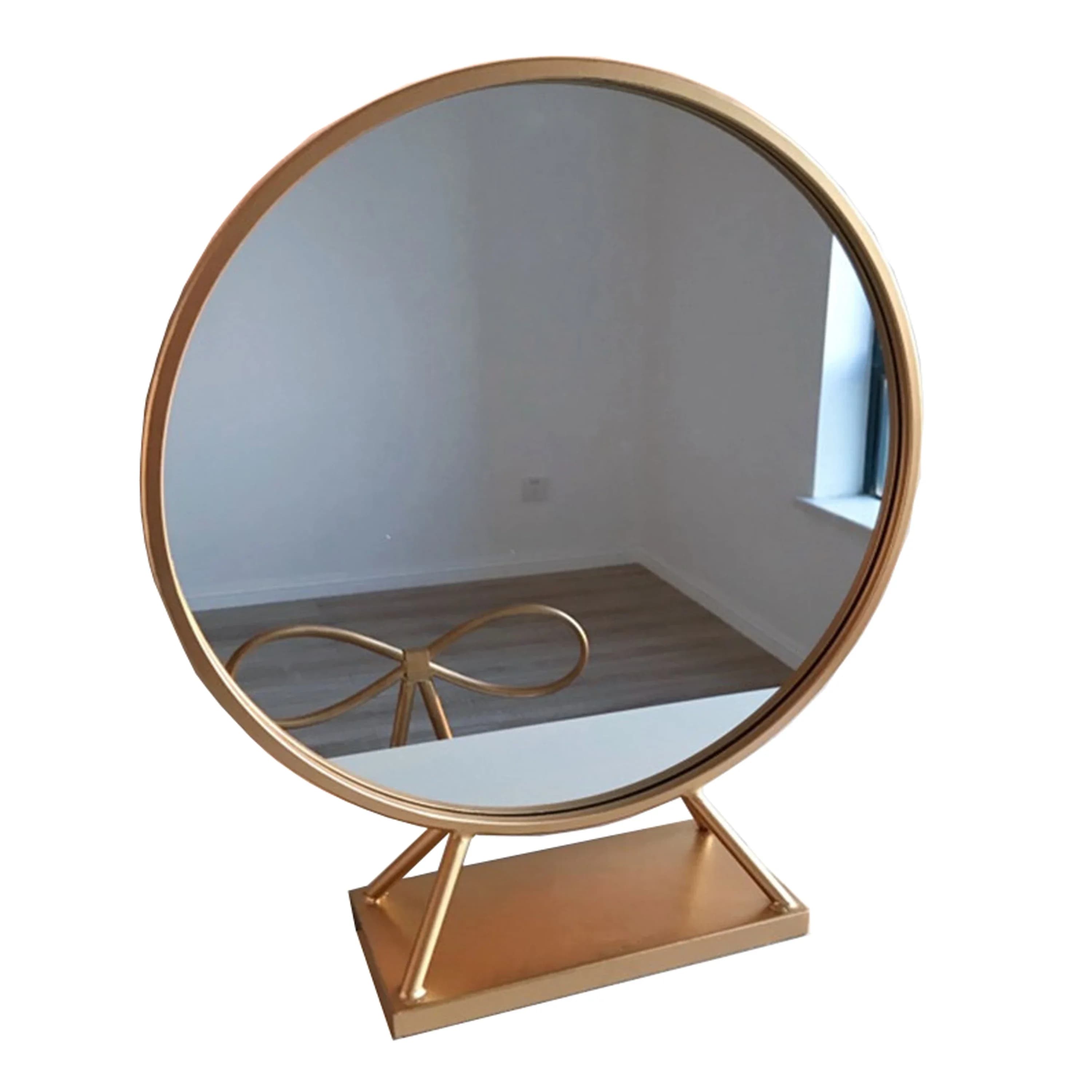 Specchio per il trucco rotondo in ferro battuto nordico dorato, decorazione dell'hotel, specchio da bagno, tavolo da specchio da tavolo per studio