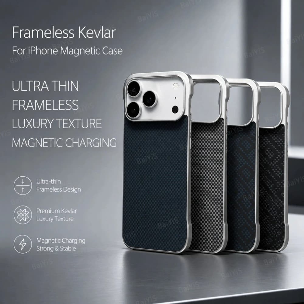Business Kevlar Texture Slim Borderless Metal Plated Bumper Case For iPhone 17 Pro 16 15 Pro Max Magnetic Drop Protection Shell