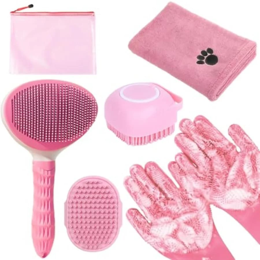Kit per la Toelettatura degli Animali Domestici - Set Spazzola per Pelo con Guanti per il Lavaggio e Spazzola Scrubber per Shampoo per Cani e Gatti Rosa