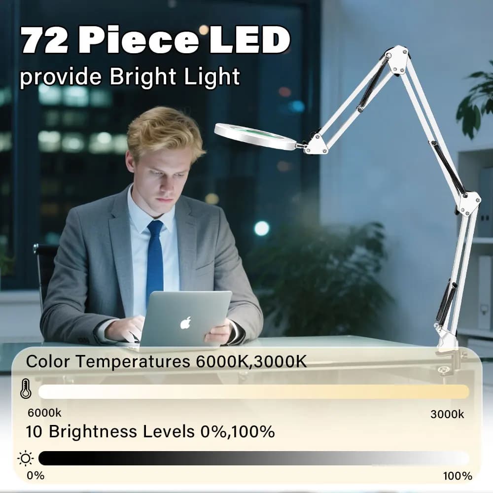 Lampada da Tavolo Pieghevole con Lente d'Ingrandimento 10X - 72 LED, Luce Regolabile a 3 Colori, Alimentazione USB per Riparazioni e Lettura