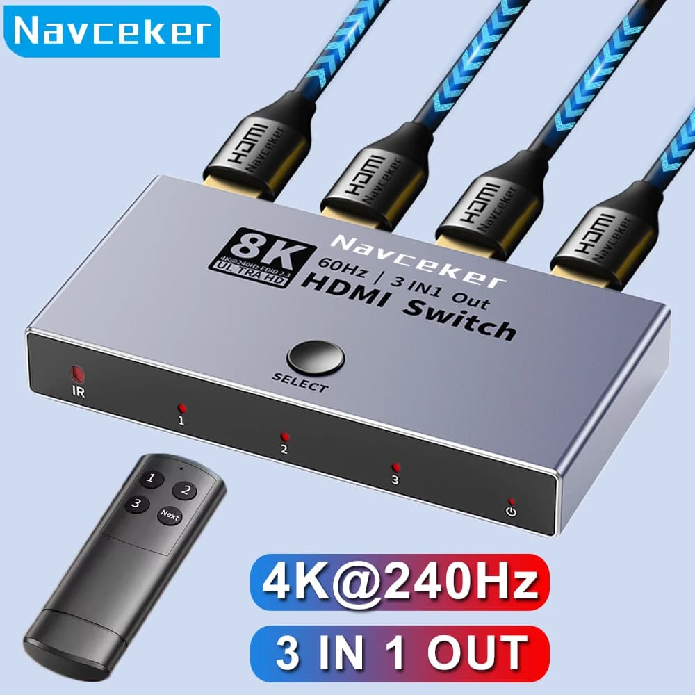 Navceker Switch HDMI 2.1 8K, Splitter 4K 240Hz, 3 Ingressi 1 Uscita, Commutatore HDMI a 3 Porte con Telecomando per PS5, Xbox Series X, Apple TV