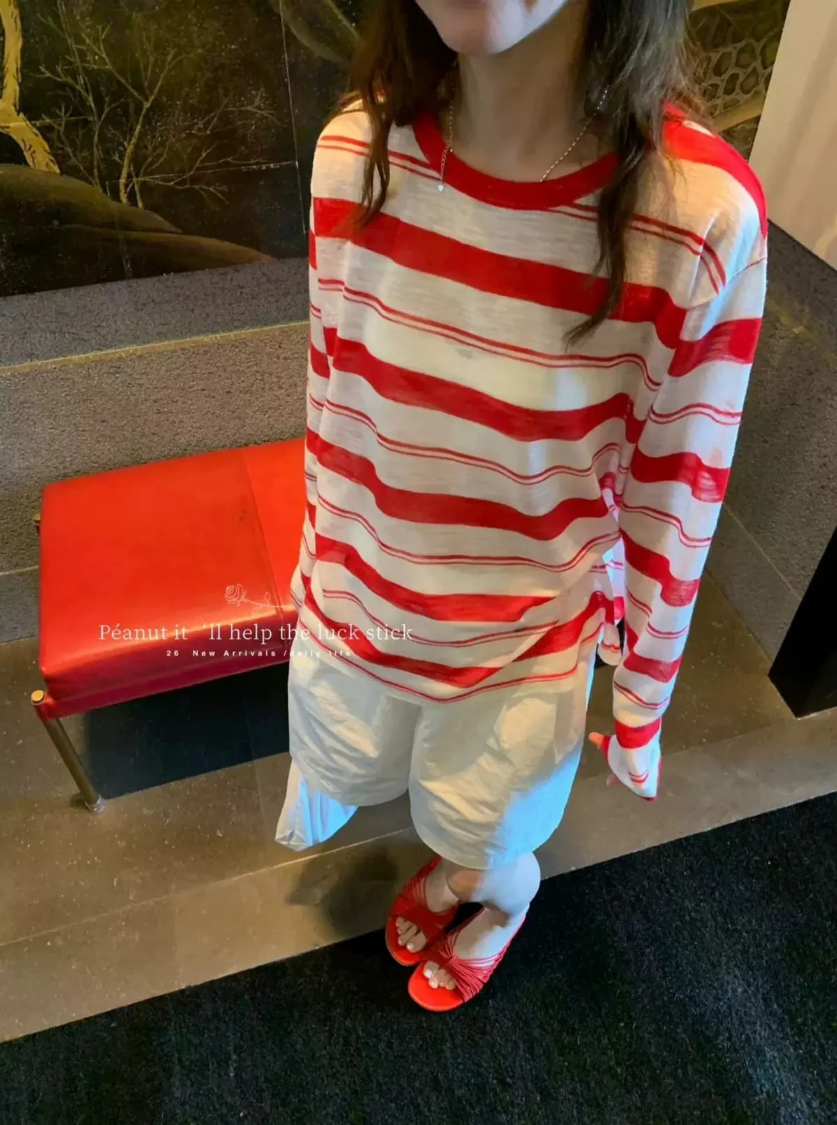 2026 New Summer Korean Thin Semi-Sheer Red Striped Knit Sunscreen Top Crew Neck Pullover T-shirt Cover Up For Women