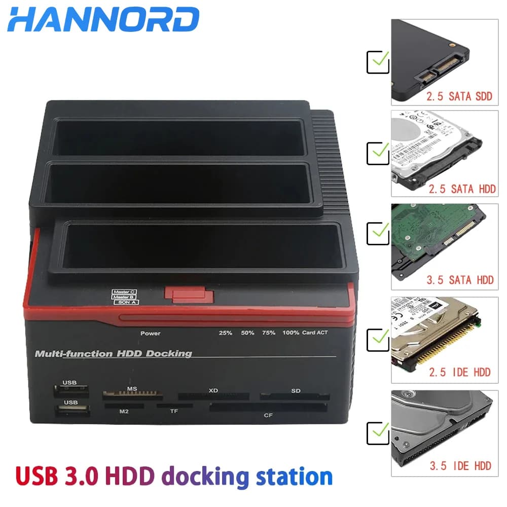 Hannord 2.5/3.5 "SATA IDE HDD Docking Station Offline Clone HDD Custodia esterna USB 3.0 Hub Lettore di schede MS/M2/XD/CF/SD/TF