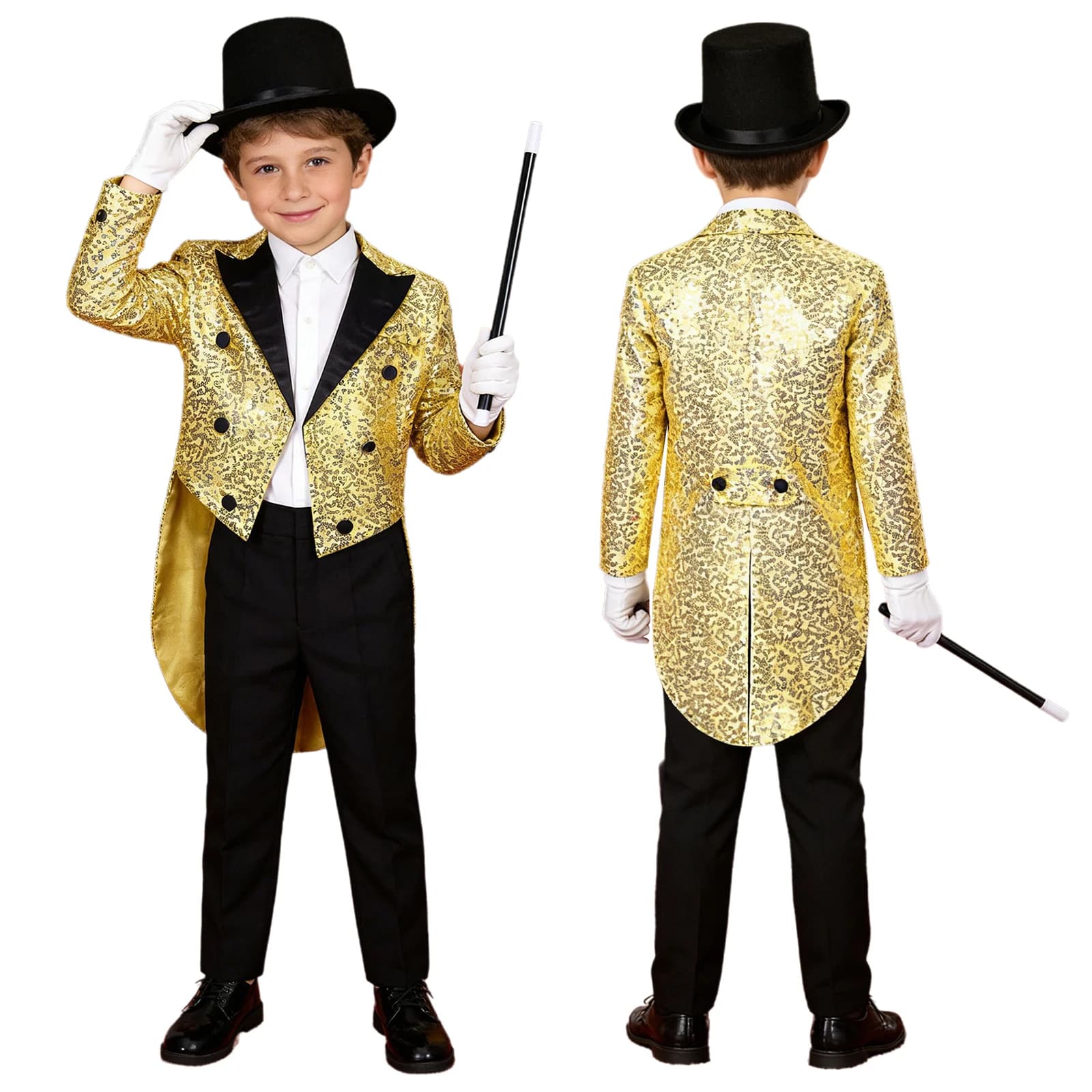 Costume da Mago per Bambini, Giacca Lunga con Paillettes, Abito da Circo per Halloween e Carnevale