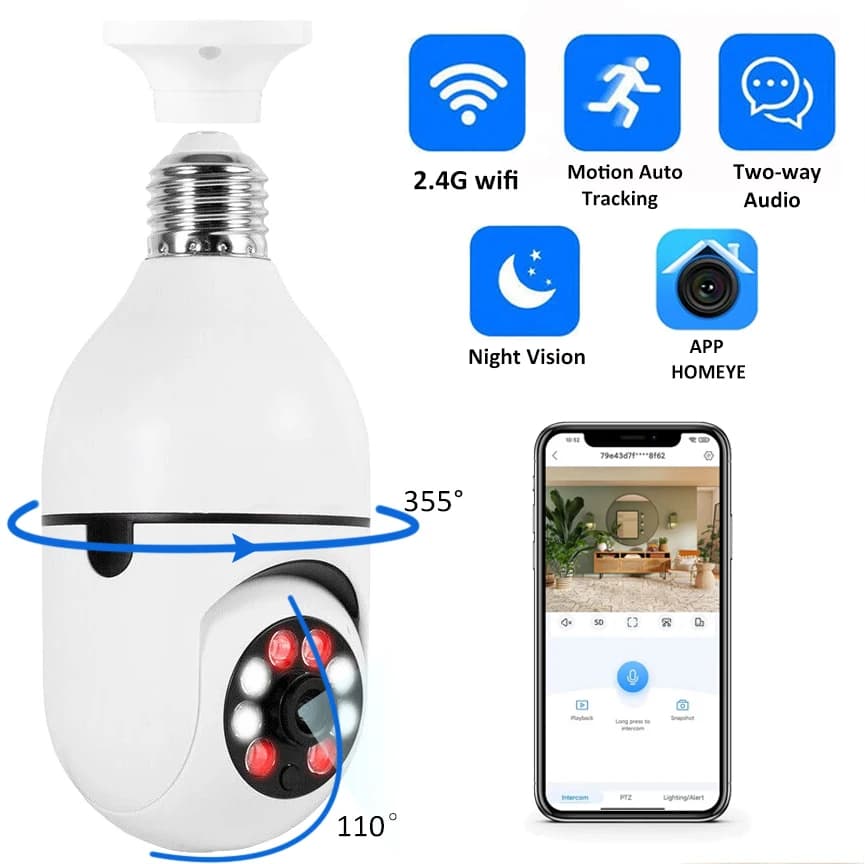 Telecamera IP WiFi E27, Videocamera 1080P Wireless per Monitoraggio Bambini, Tracciamento AI Automatico, Videosorveglianza di Sicurezza, Telecamera per Animali Domestici da Interno