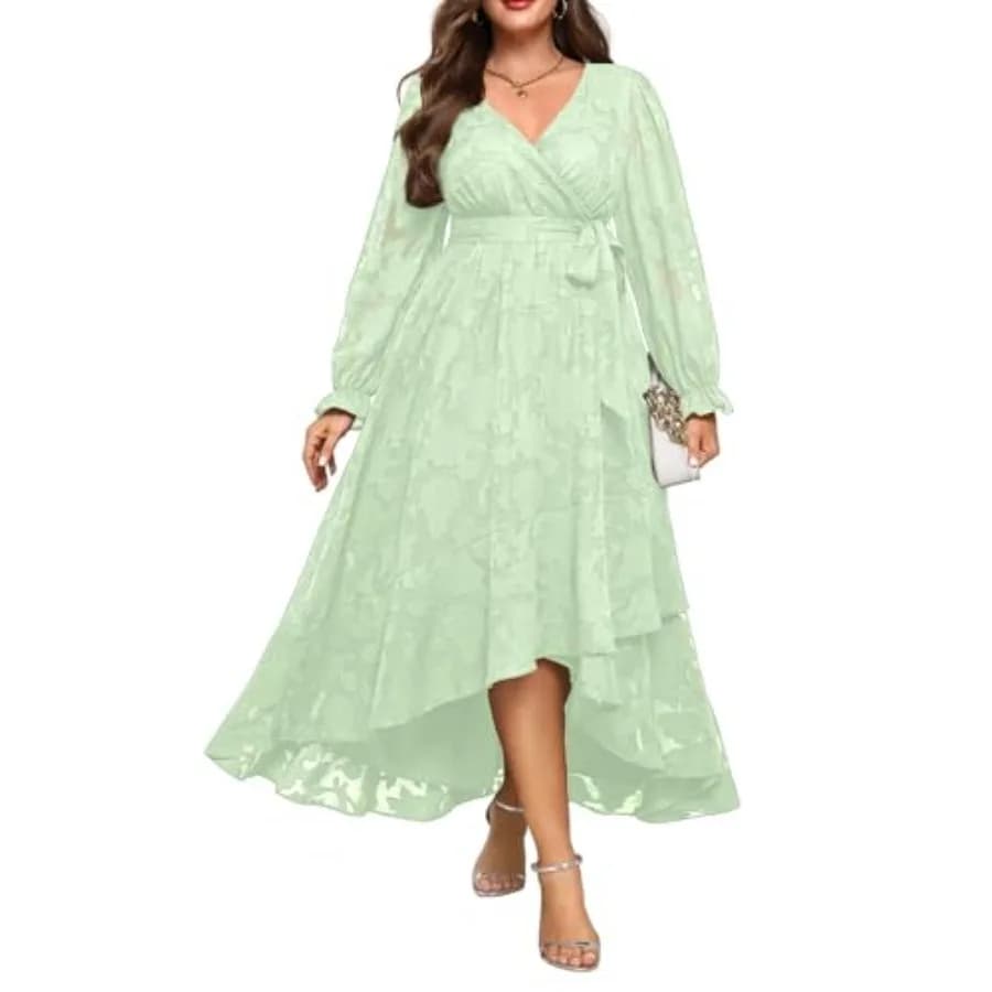 Abiti Plus Size per Ospiti di Matrimonio - Vestito Lungo Floreale Semi-Formale Autunnale con Maniche Lunghe, Scollo a V, Orlo Asimmetrico e Cintura per Donna