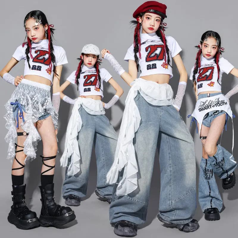 Abbigliamento per Danza Jazz per Bambini, Outfit da Palcoscenico Kpop per Ragazze, Top Corto Bianco, Jeans Larghi Hip Hop, Costume da Spettacolo, Streetwear 3646