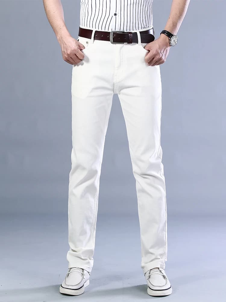 4 colori autunno stile classico Jeans bianchi Slim da uomo Business Casual cotone elasticizzato pantaloni in Denim kaki pantaloni rosso vino maschile