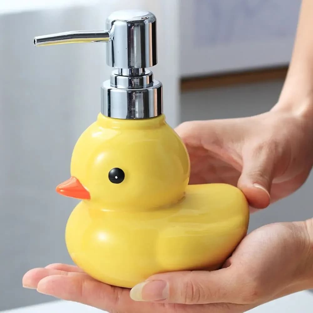 Dispenser di Sapone a Forma di Paperella Gialla in Ceramica, Bottiglia per Disinfettante Mani, Gel Doccia e Shampoo, Accessorio da Bagno