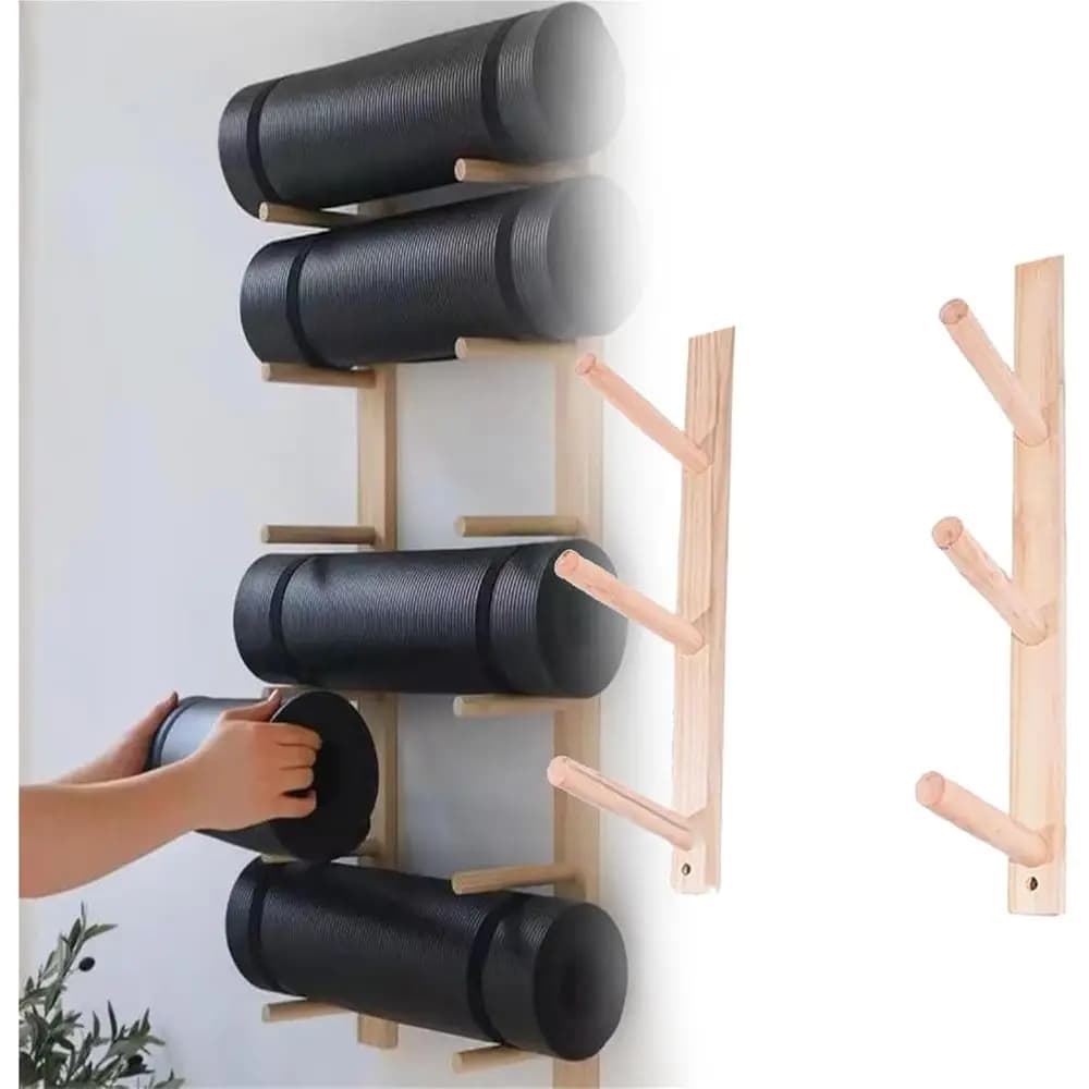 Space-Saving Wooden Yoga Mat Holder for Wall Mount, 4-Piece Set, Fits Mats 3-22in/55cm