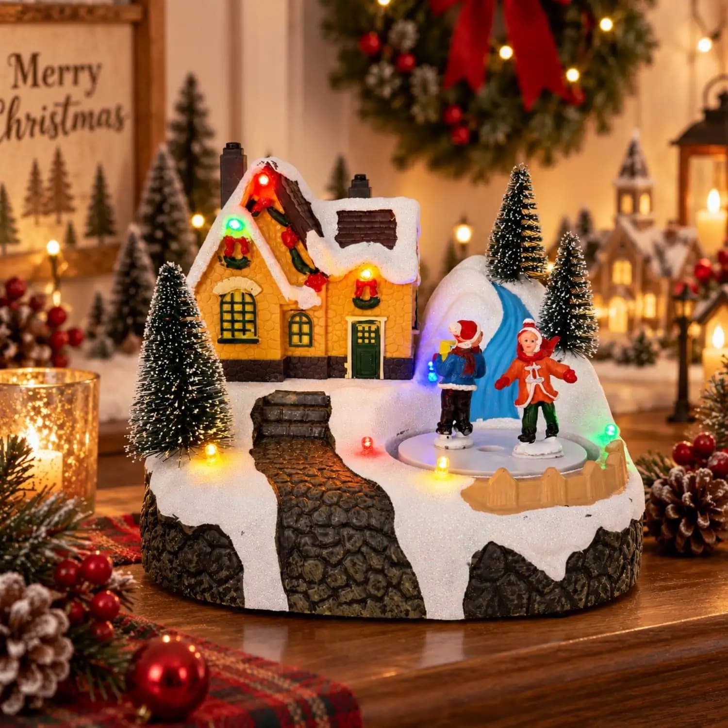 Christmas Village House Lighted Musical Christmas Scene Rotating Skating Figures Snowy Village Collection Tabletop Holiday Decor