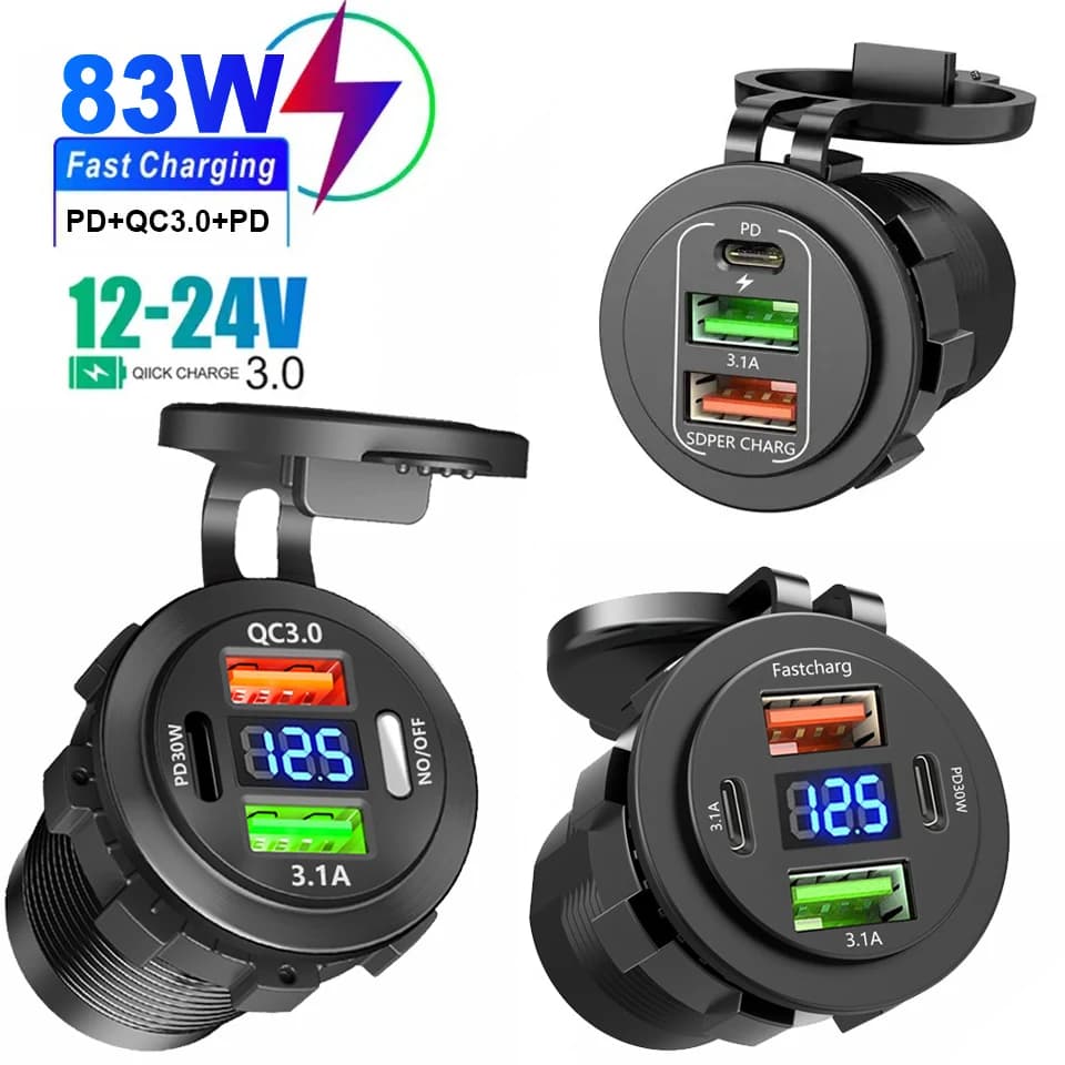 Car Charger 83 W QC 3.0 PD30W Dual USB Quick Charging 12 V/24 V Waterproof with Auto Switch Car Quckly Charging Adapter Power socket