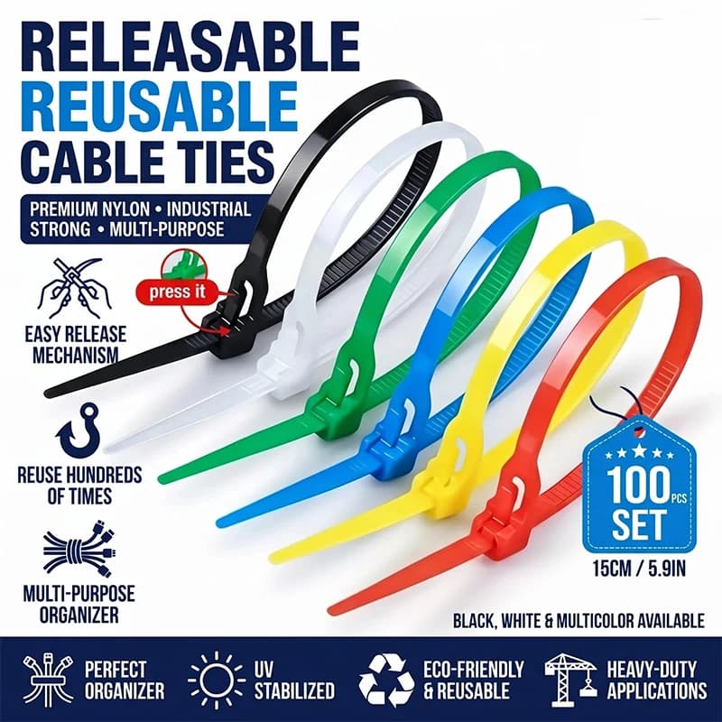 100PCS Reusable Cable Ties Durable Nylon Cable Lock Loop Ties Removable Organizer Detachable 4*150 Mixed Colors Black White