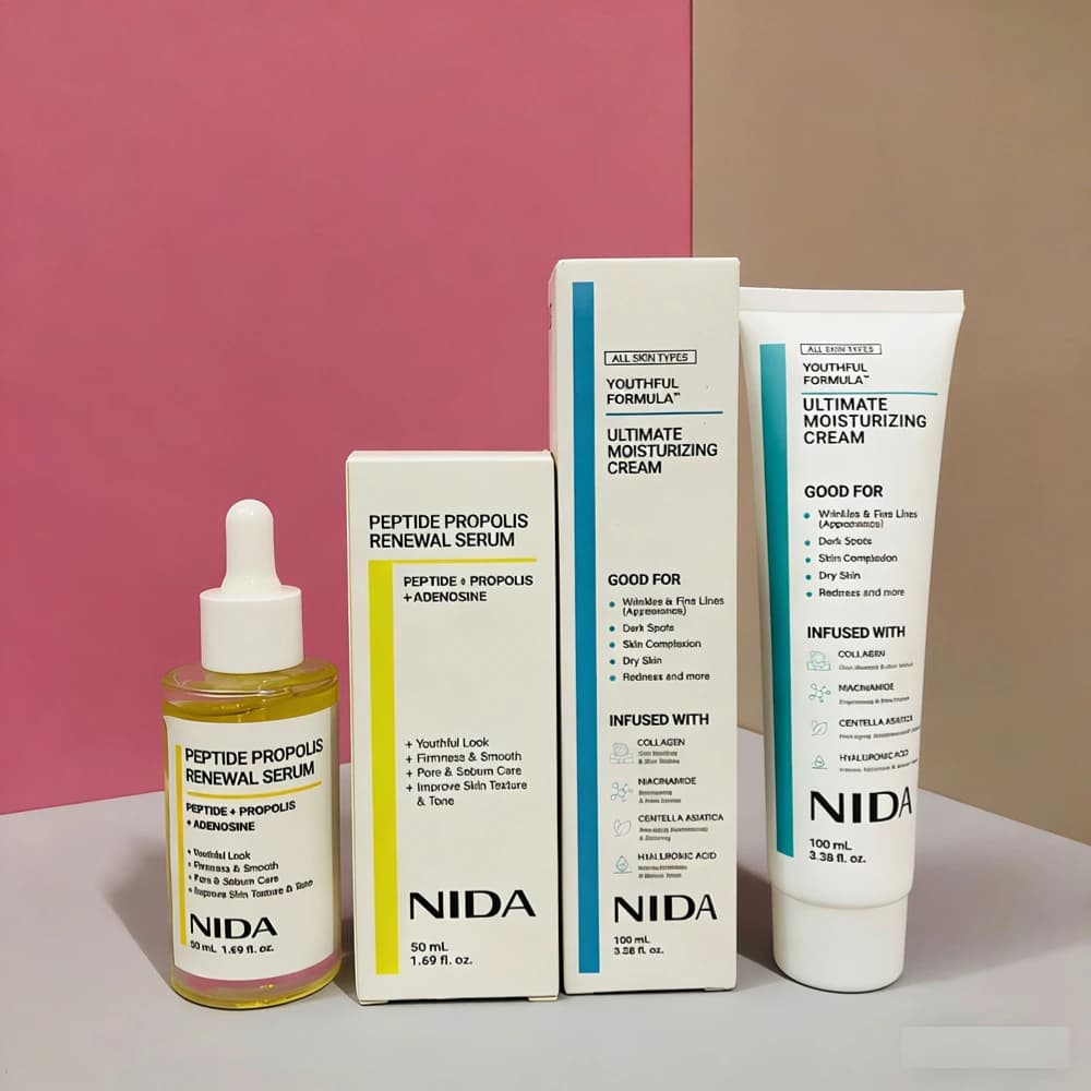 Korean NIDA Skin Care Kit - Definitive Hydrating Cream, Contoured Cream Retinol Eyes and Probiotics, TXA Renewable Essence, For All Skin Types