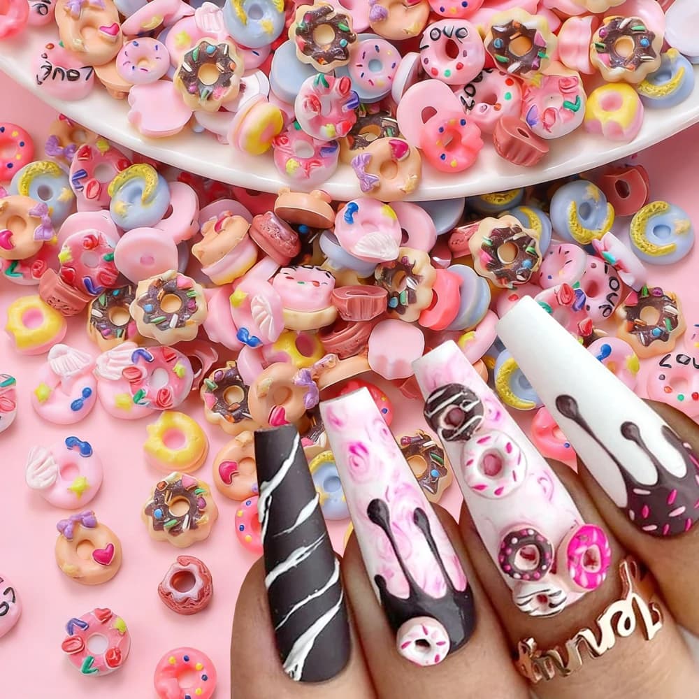 50 Pezzi Decorazioni per Unghie a Forma di Ciambella Rosa, Charms Kawaii Estivi a Forma di Gelato, Decorazioni in Resina per Manicure, Accessori per Dolci e Pasticceria