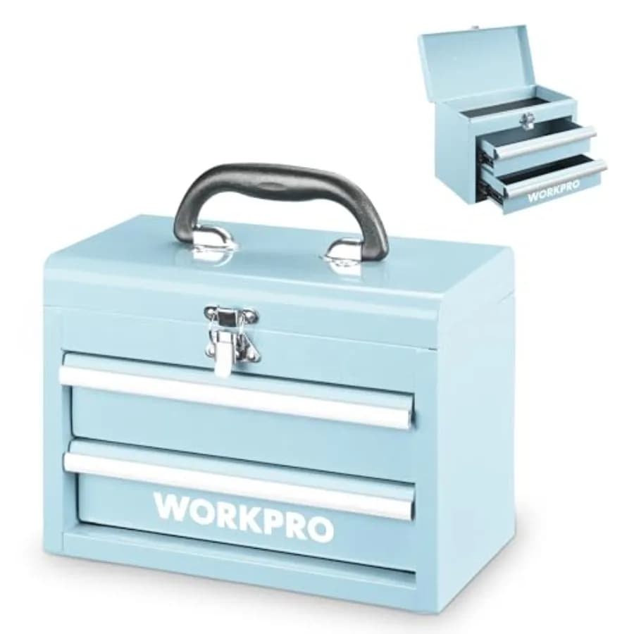 Cassetta Portautensili Portatile Mini con 2 Cassetti, Cassetta Portautensili in Metallo con Guide a Sfera, Vano Superiore con Chiusura e Maniglia Ergonomica per il Trasporto