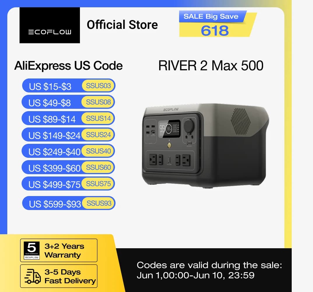 Portable Power Station ECOFLOW RIVER 2 Max, 499 Wh/512 Wh LiFePO4 Battery / 1 hour Quick Charging, Output up to 1000 W