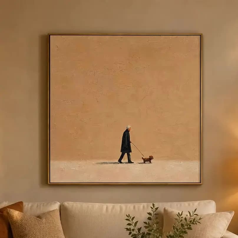 The Afternoon Stroll – Warm Peach Folk Man & Dog Portrait Painting | Minimalist Square Entryway Art for Bedroom, Living Room