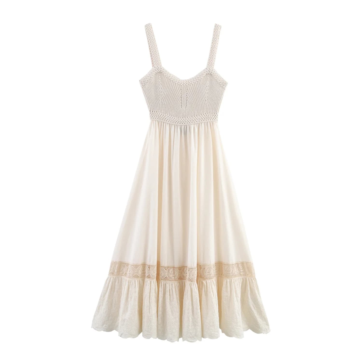 2025 Summer Women's French Knitted Splicing Skirt Beige backless Long Embroidered Bow Strap Dress