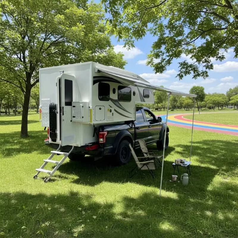 Slide-in 4x4 4-person pickup camper Foldable roof Light land trailer Rooftop awning tent Outdoor camping trip