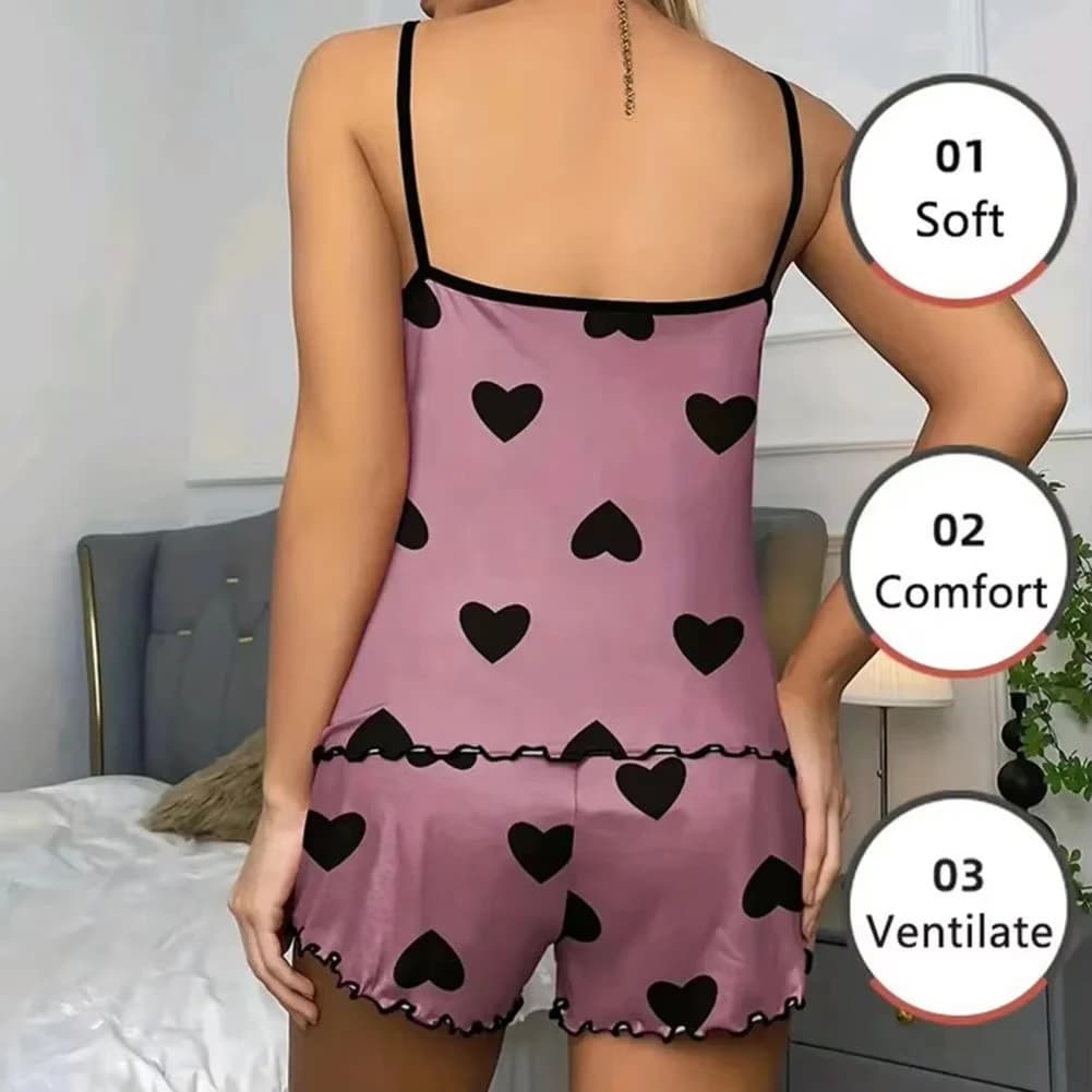 Set Pigiama da Donna, T-Shirt e Pantaloncini, Stampa Cuori Rosa, Collo Tondo, Top in Seta Ghiaccio, Comodo e Casual per l'Estate
